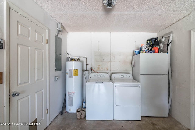 3384 Elizabeth St, West Melbourne, FL 32904 - washroom featuring water heater, washing machine and clothes dryer, electric panel, concrete block wall, and a textured ceiling