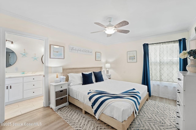 430 Watts Way, Cocoa Beach, FL 32931 - bedroom with ornamental molding, light wood-type flooring, connected bathroom, and a ceiling fan