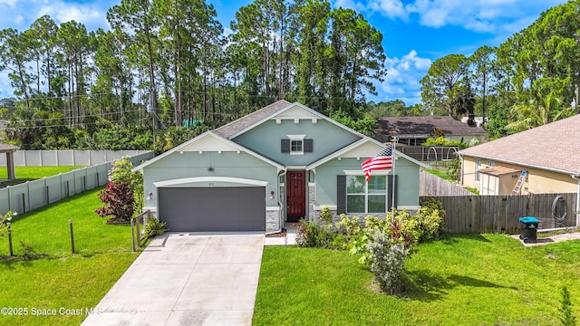 416 Ladyslipper St, Palm Bay, FL 32908 - traditional-style house with stucco siding, a garage, driveway, and stone siding