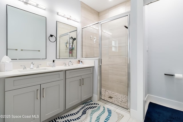 2840 Fontainebleau Ave SE, Palm Bay, FL 32909 - full bathroom featuring a shower stall, double vanity, and tile patterned floors