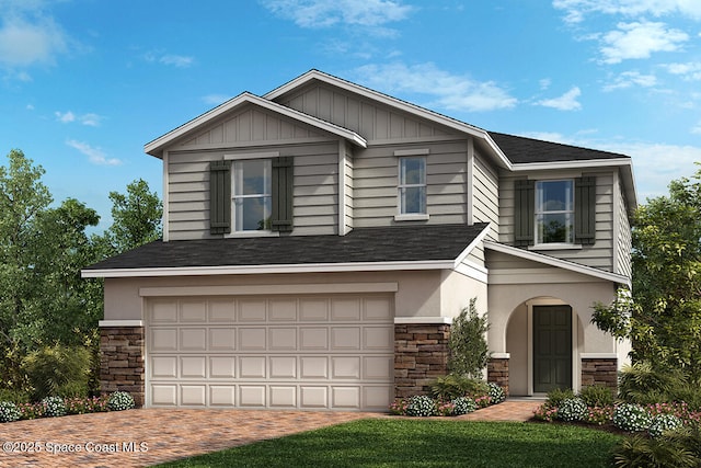 3768 Grappler Cir SE, Palm Bay, FL 32909 - view of front facade with stone siding, an attached garage, driveway, and roof with shingles