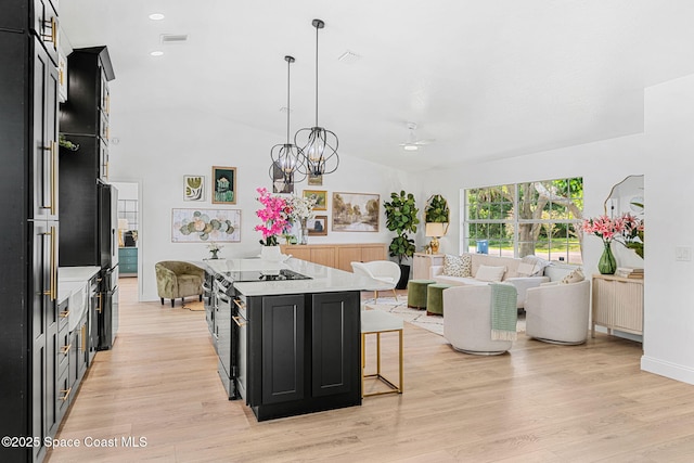 494 Fernandina St NW, Palm Bay, FL 32907 - kitchen with dark cabinetry, light countertops, lofted ceiling, open floor plan, and light wood-type flooring