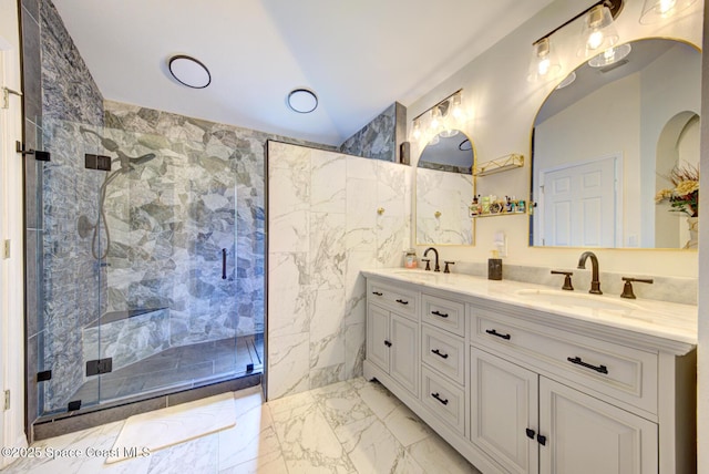 6980 Cairo Rd, Cocoa, FL 32927 - full bath featuring marble tiled flooring, a marble finish shower, and double vanity
