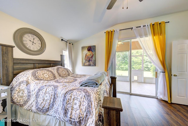 6980 Cairo Rd, Cocoa, FL 32927 - bedroom with vaulted ceiling, access to exterior, wood finished floors, and ceiling fan