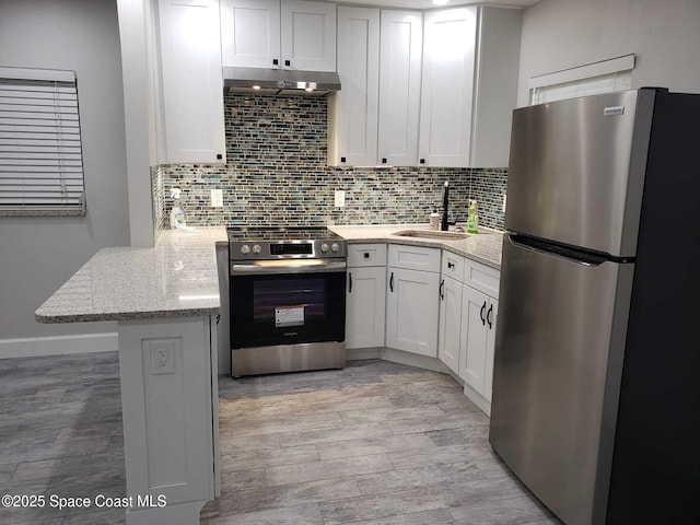 5600 N Banana River Blvd Unit 38, Cocoa Beach, FL 32931 - kitchen featuring stainless steel appliances, under cabinet range hood, a peninsula, and light wood-style flooring