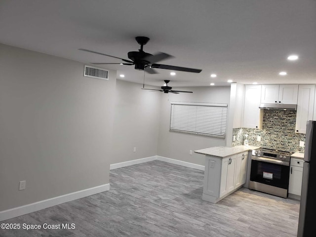 5600 N Banana River Blvd Unit 38, Cocoa Beach, FL 32931 - kitchen with electric range, a peninsula, recessed lighting, ceiling fan, and decorative backsplash