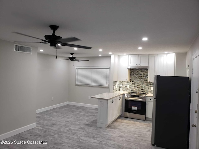 5600 N Banana River Blvd Unit 38, Cocoa Beach, FL 32931 - kitchen featuring stainless steel appliances, a peninsula, decorative backsplash, recessed lighting, and ceiling fan