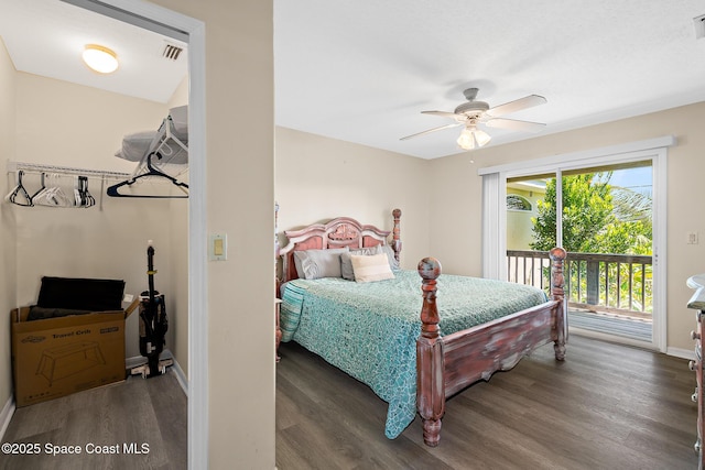 105 Ocean View Ln, Melbourne, FL 32903 - bedroom featuring access to exterior, wood finished floors, and ceiling fan