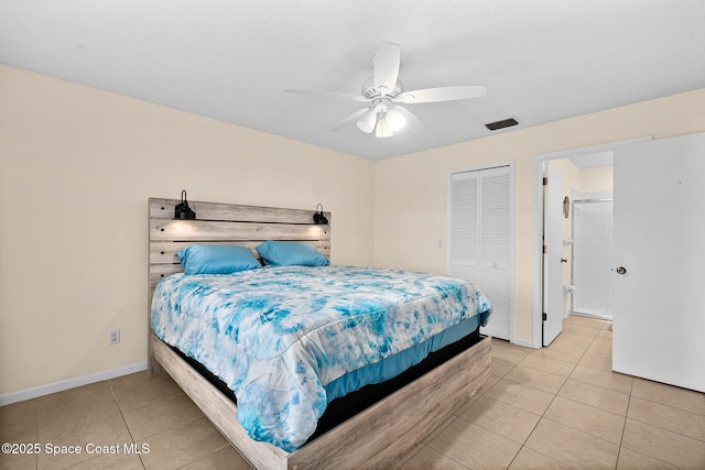 147 Ocean View Ln, Melbourne, FL 32903 - bedroom featuring light tile patterned floors, a closet, and a ceiling fan