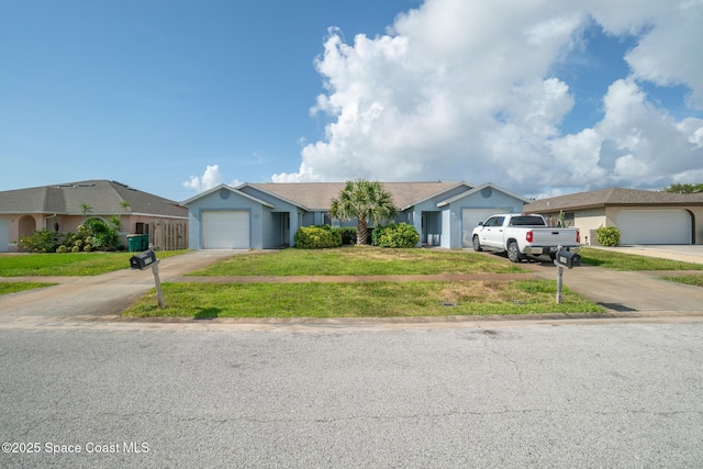 147 Ocean View Ln, Melbourne, FL 32903 - ranch-style house with driveway, an attached garage, a front yard, and a residential view