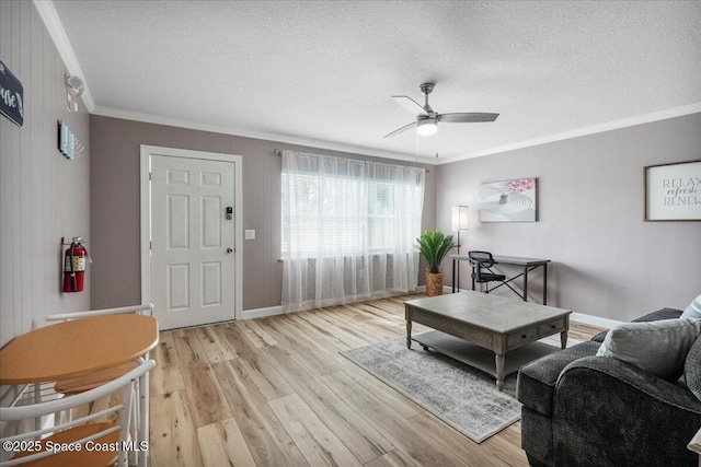 513 Ronnie Dr, Indian Harbour Beach, FL 32937 - living room with ornamental molding, a ceiling fan, a textured ceiling, and light wood-type flooring