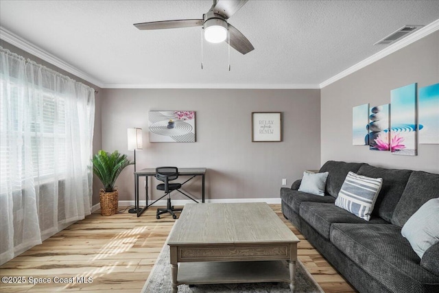 513 Ronnie Dr, Indian Harbour Beach, FL 32937 - living area featuring crown molding, light wood-type flooring, ceiling fan, a textured ceiling, and an office area