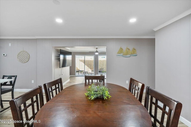 513 Ronnie Dr, Indian Harbour Beach, FL 32937 - dining area with crown molding, a ceiling fan, and recessed lighting