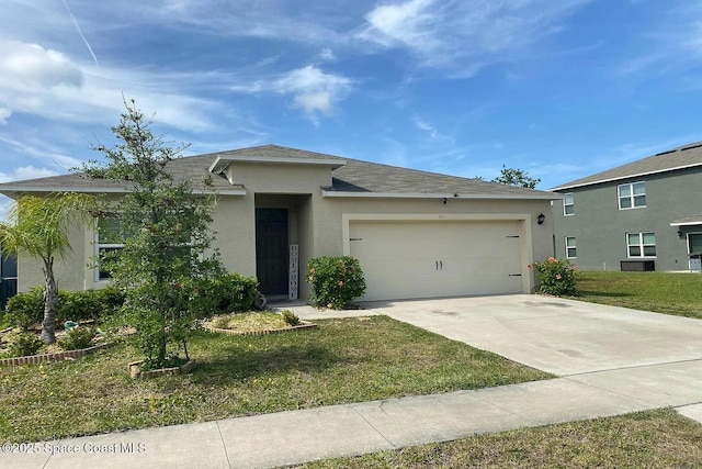 160 Old Mill Pond Rd, Edgewater, FL 32141 - view of front facade featuring stucco siding, an attached garage, concrete driveway, and a front lawn