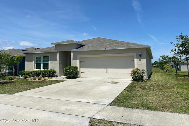 160 Old Mill Pond Rd, Edgewater, FL 32141 - view of front of property featuring an attached garage, stucco siding, a front lawn, driveway, and roof with shingles
