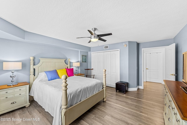 3360 S Atlantic Ave Unit 212, Cocoa Beach, FL 32931 - bedroom with a closet, light wood finished floors, a textured ceiling, and ceiling fan