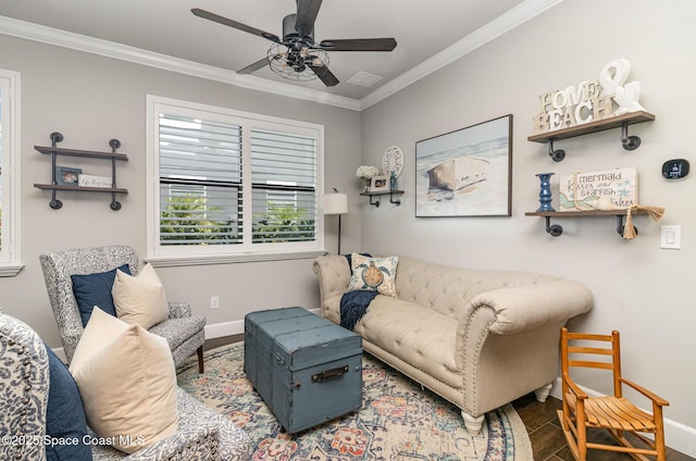 3243 Casare Dr, Melbourne, FL 32940 - living area with crown molding, a ceiling fan, and wood finished floors