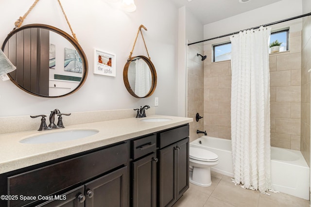 3243 Casare Dr, Melbourne, FL 32940 - bathroom with shower / tub combo with curtain, tile patterned flooring, and double vanity