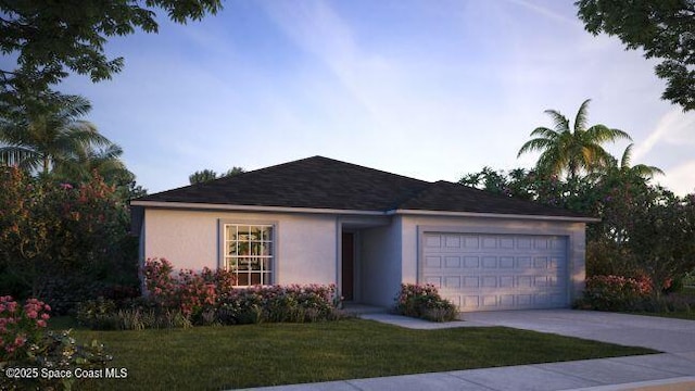 301 Latham St SE, Palm Bay, FL 32909 - ranch-style house with stucco siding, concrete driveway, an attached garage, and a front lawn