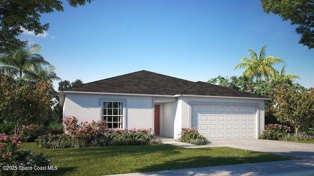 301 Latham St SE, Palm Bay, FL 32909 - single story home featuring driveway, a garage, stucco siding, and a front lawn