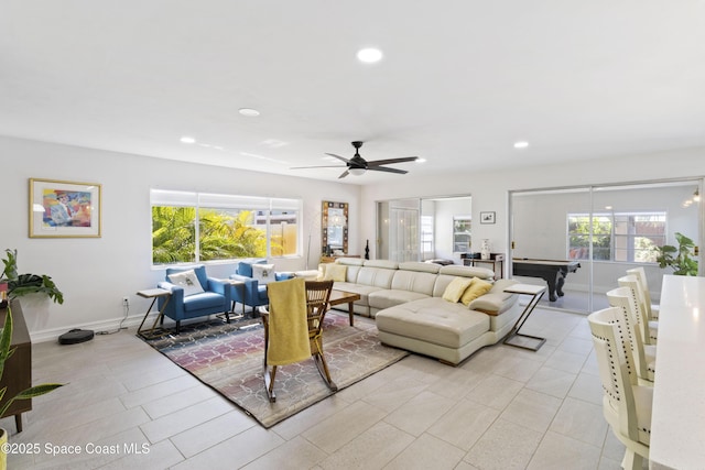 208 Atlantic Blvd, Indian Harbour Beach, FL 32937 - living area featuring plenty of natural light, recessed lighting, a ceiling fan, and light tile patterned floors