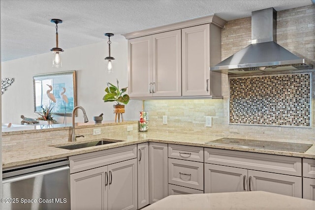 3221 S Atlantic Ave Unit 703, Cocoa Beach, FL 32931 - kitchen featuring wall chimney exhaust hood, stainless steel dishwasher, tasteful backsplash, hanging light fixtures, and black electric stovetop