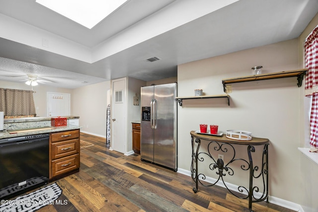 1515 Huntington Ln Unit 227, Rockledge, FL 32955 - kitchen with stainless steel fridge, dishwasher, brown cabinets, dark wood-type flooring, and a ceiling fan