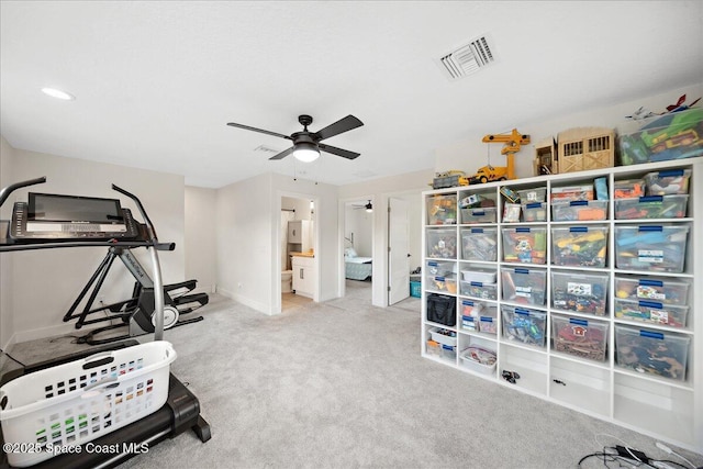 6190 Brabrook Ave, Grant, FL 32949 - exercise room featuring a ceiling fan, carpet floors, and recessed lighting