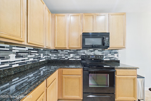 152 Clemente Dr, Satellite Beach, FL 32937 - kitchen featuring black appliances, light brown cabinetry, decorative backsplash, and dark stone counters
