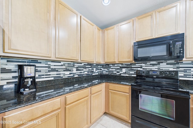 152 Clemente Dr, Satellite Beach, FL 32937 - kitchen featuring black appliances, light brown cabinetry, backsplash, and dark stone counters