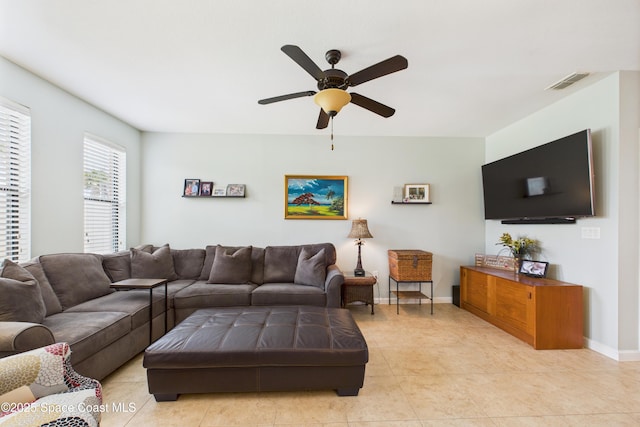 152 Clemente Dr, Satellite Beach, FL 32937 - living room featuring a ceiling fan and light tile patterned floors