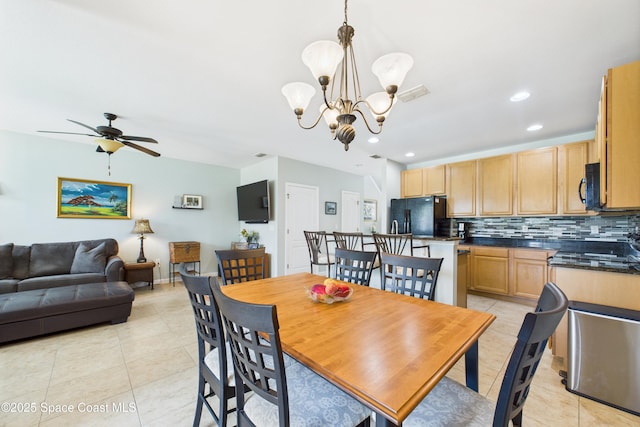 152 Clemente Dr, Satellite Beach, FL 32937 - dining room featuring light tile patterned floors, a chandelier, ceiling fan, and recessed lighting