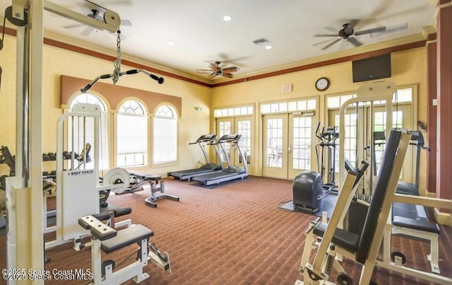 6461 Borasco Dr Unit 3808, Melbourne, FL 32940 - workout area featuring ceiling fan, french doors, crown molding, and carpet