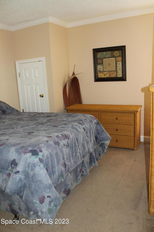 350 Taylor Ave Unit 11B2, Cape Canaveral, FL 32920 - bedroom featuring ornamental molding, carpet floors, and a textured ceiling
