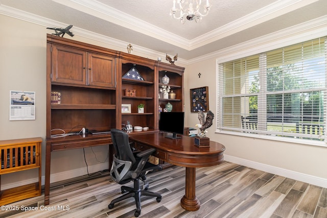 4014 Preservation Cir, Melbourne, FL 32934 - home office featuring wood finished floors, a chandelier, and ornamental molding
