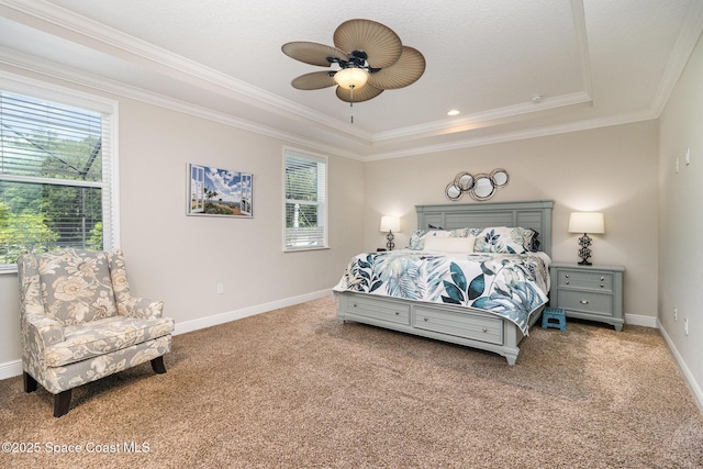 4014 Preservation Cir, Melbourne, FL 32934 - bedroom featuring carpet flooring, crown molding, a tray ceiling, and ceiling fan