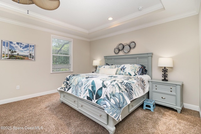 4014 Preservation Cir, Melbourne, FL 32934 - bedroom featuring carpet flooring, ornamental molding, a raised ceiling, and recessed lighting