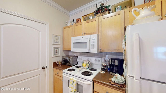 6461 Borasco Dr Unit 1805, Melbourne, FL 32940 - kitchen with white appliances, light brown cabinets, ornamental molding, dark countertops, and decorative backsplash