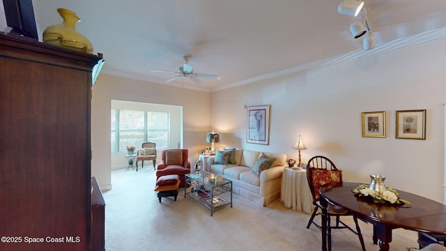 6461 Borasco Dr Unit 1805, Melbourne, FL 32940 - living room featuring light colored carpet, ceiling fan, and crown molding