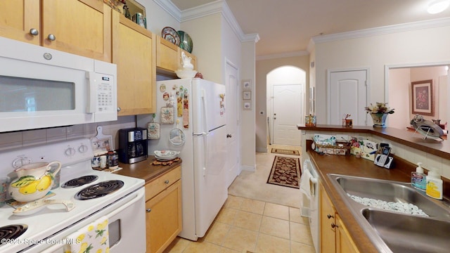 6461 Borasco Dr Unit 1805, Melbourne, FL 32940 - kitchen featuring white appliances, crown molding, light colored carpet, light tile patterned flooring, and light brown cabinetry