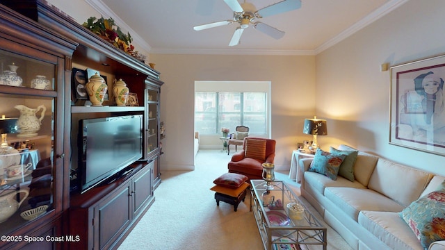 6461 Borasco Dr Unit 1805, Melbourne, FL 32940 - living area featuring light colored carpet, ornamental molding, and ceiling fan