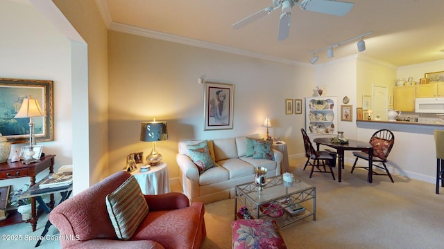 6461 Borasco Dr Unit 1805, Melbourne, FL 32940 - carpeted living area with ornamental molding, ceiling fan, and rail lighting