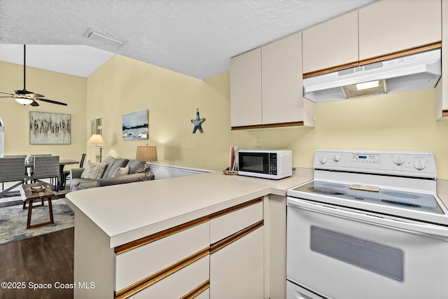 8600 Ridgewood Ave Unit 1311, Cape Canaveral, FL 32920 - kitchen with white appliances, under cabinet range hood, a peninsula, light countertops, and dark wood-type flooring