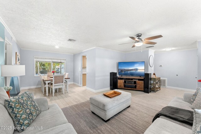 416 Catalina Ave NW, Palm Bay, FL 32907 - living area featuring ornamental molding, a textured ceiling, a ceiling fan, and light wood-type flooring