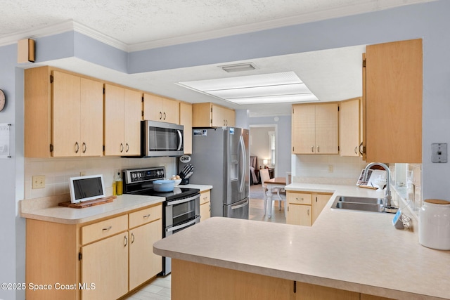 416 Catalina Ave NW, Palm Bay, FL 32907 - kitchen featuring appliances with stainless steel finishes, light brown cabinets, tasteful backsplash, crown molding, and a textured ceiling