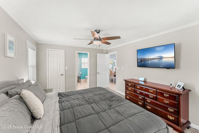 416 Catalina Ave NW, Palm Bay, FL 32907 - bedroom featuring crown molding, carpet floors, a ceiling fan, and ensuite bathroom
