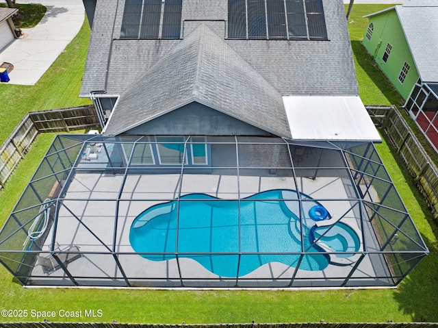 1067 Red Bud Cir, Rockledge, FL 32955 - view of pool with a fenced backyard, a patio, glass enclosure, and a pool with connected hot tub