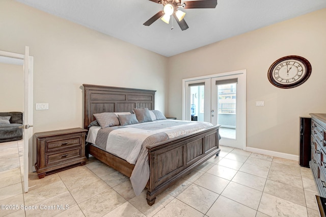 1067 Red Bud Cir, Rockledge, FL 32955 - bedroom with french doors, access to outside, a ceiling fan, and light tile patterned flooring
