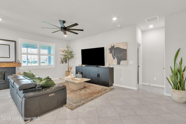 10035 SW Captiva Dr, Port St Lucie, FL 34987 - living room featuring a ceiling fan, recessed lighting, and tile patterned floors