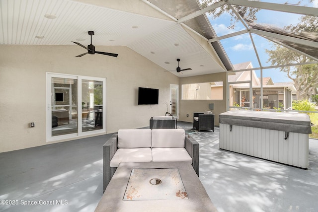 1459 Crane Creek Blvd, Melbourne, FL 32940 - view of patio / terrace featuring ceiling fan, a hot tub, a lanai, and an outdoor living space